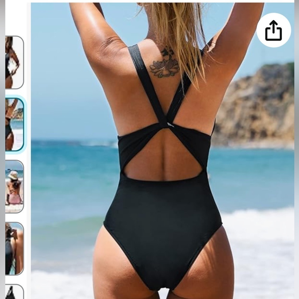 Women’s Black V Neck Criss Cross Backless Rib One Piece Swimsuit Plunge Size XL - Picture 2 of 11